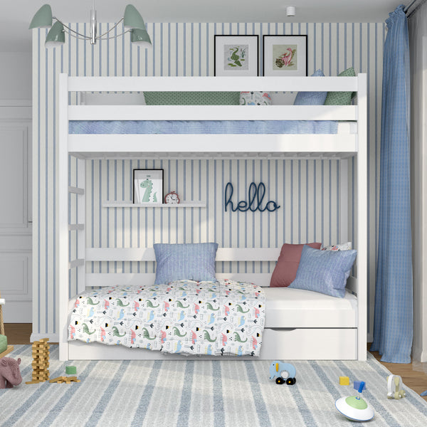 White Bunk Bed with Mattress Drawer – Safety Rail, Wooden, Nizio Home
