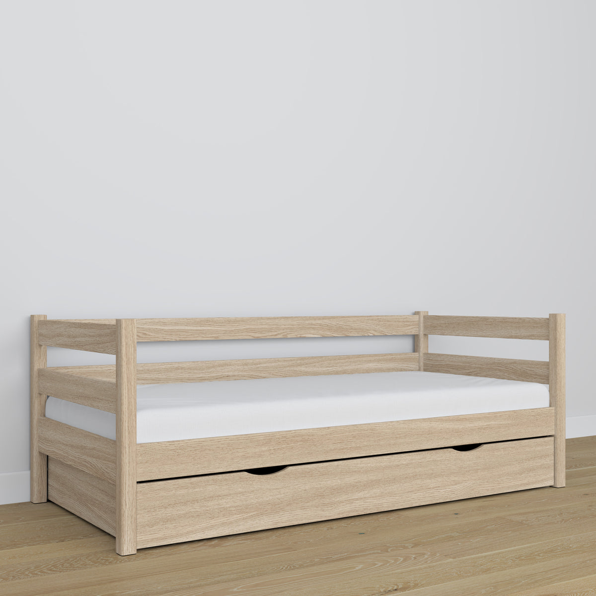 Łóżko sofa dąb bielony – detale dębowe i złącza, Nizio Home