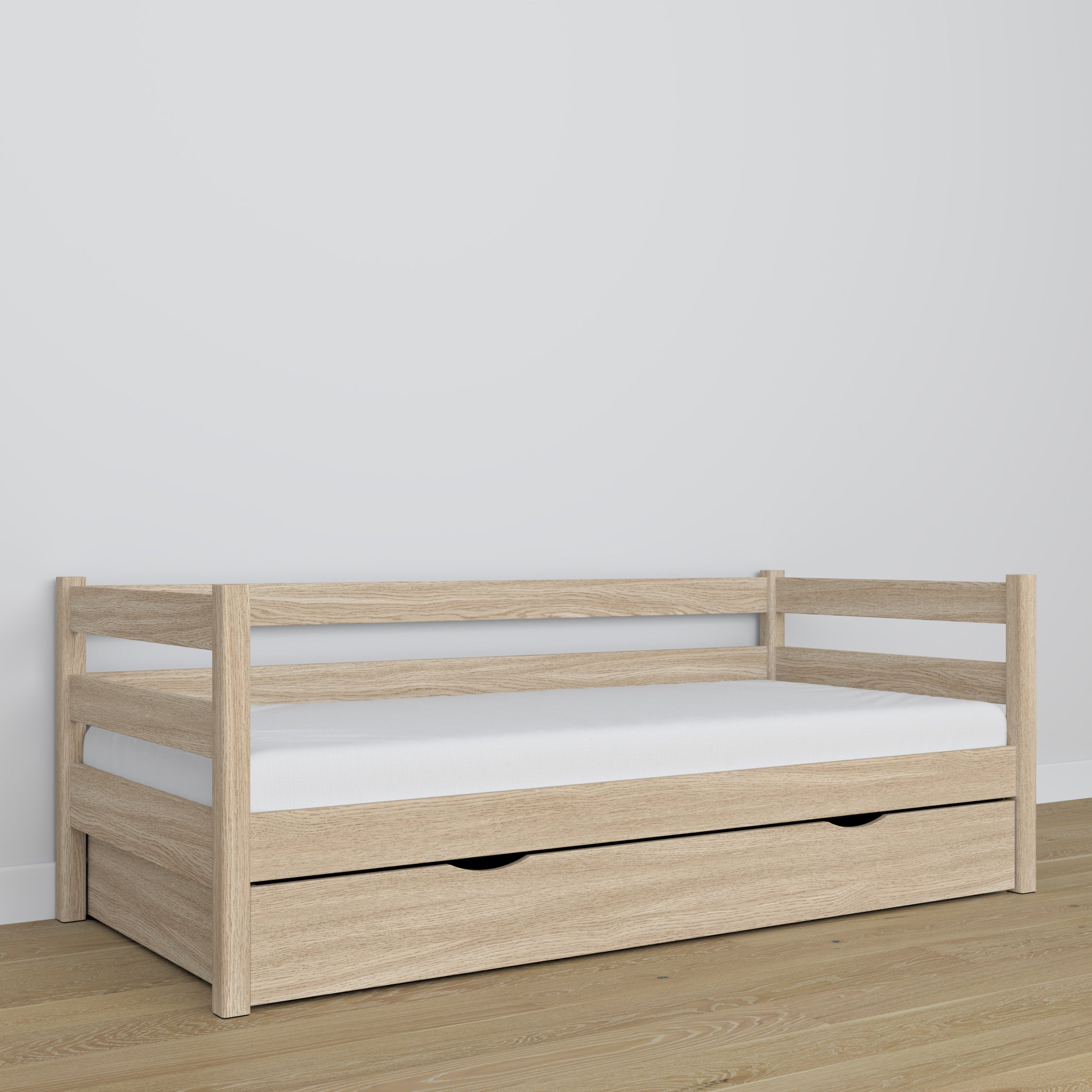 Łóżko sofa dąb bielony – detale dębowe i złącza, Nizio Home