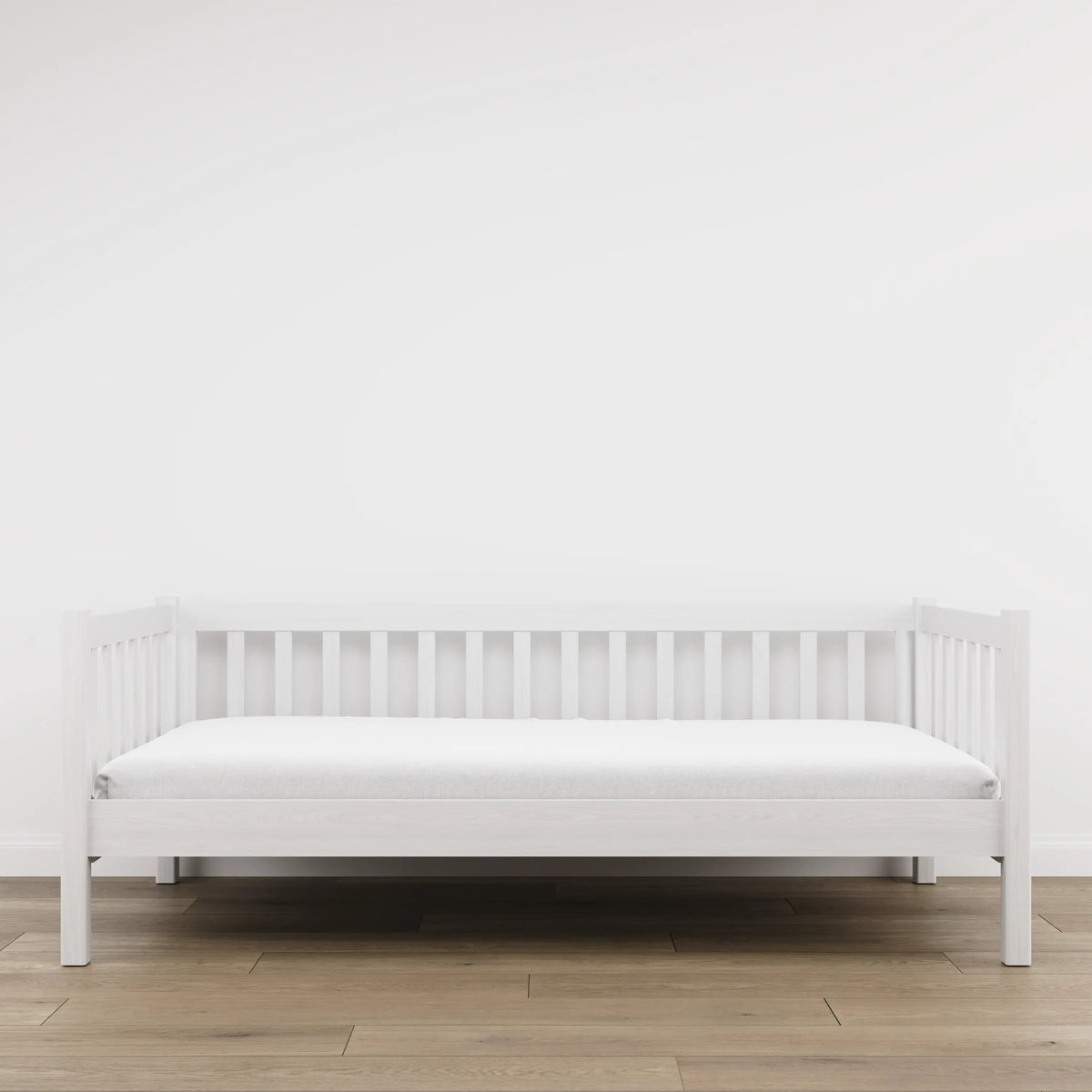 Łóżko sofa drewniane biały – widok boczny, bryła i proporcje mebla