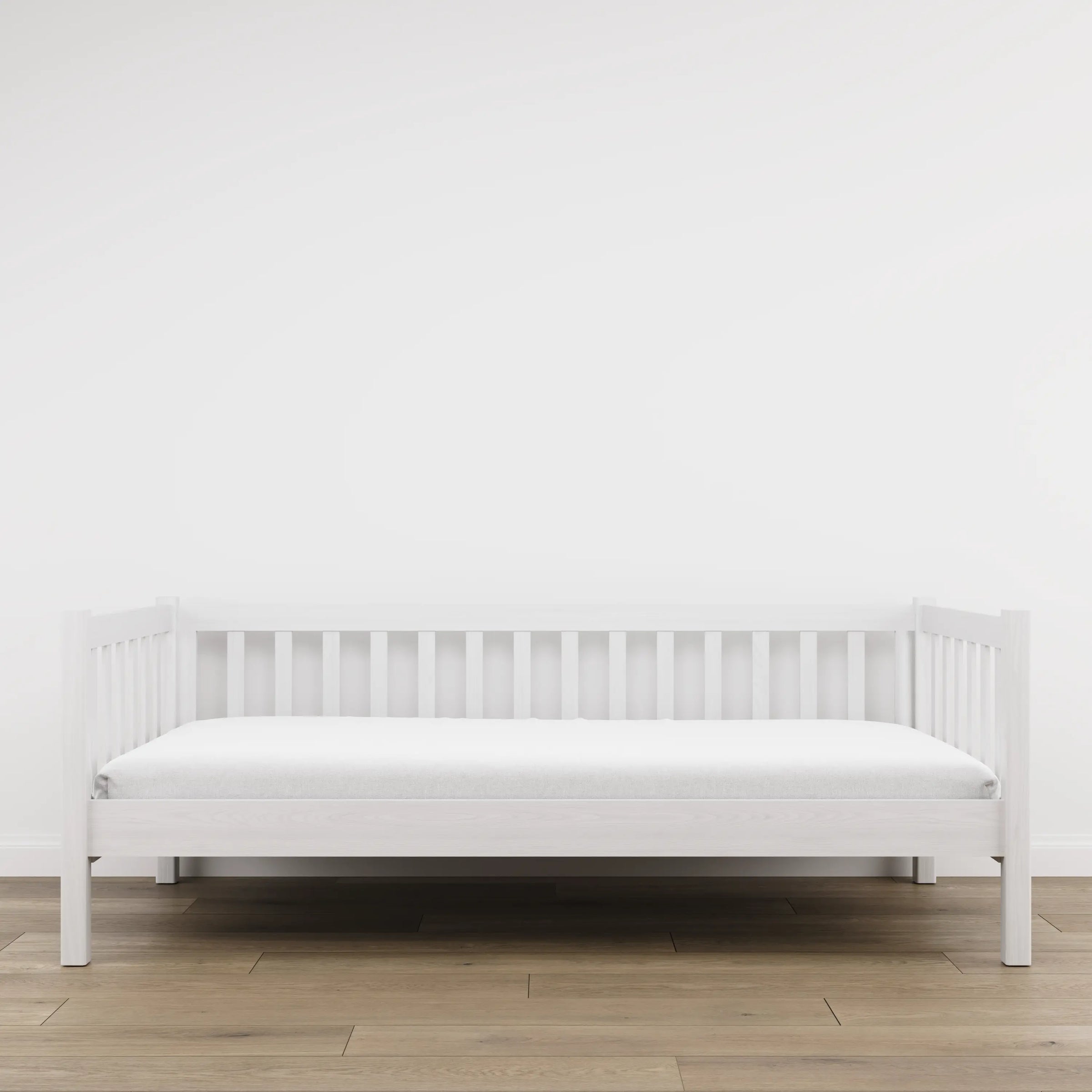 Łóżko sofa drewniane biały – widok boczny, bryła i proporcje mebla