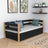 Łóżko sofa czarno-dębowy – boczna bariera drewniane, widok boczny, Nizio