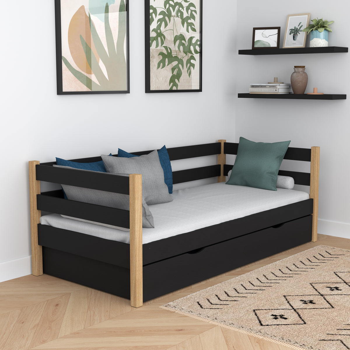 Łóżko sofa czarno-dębowy – boczna bariera drewniane, widok boczny, Nizio