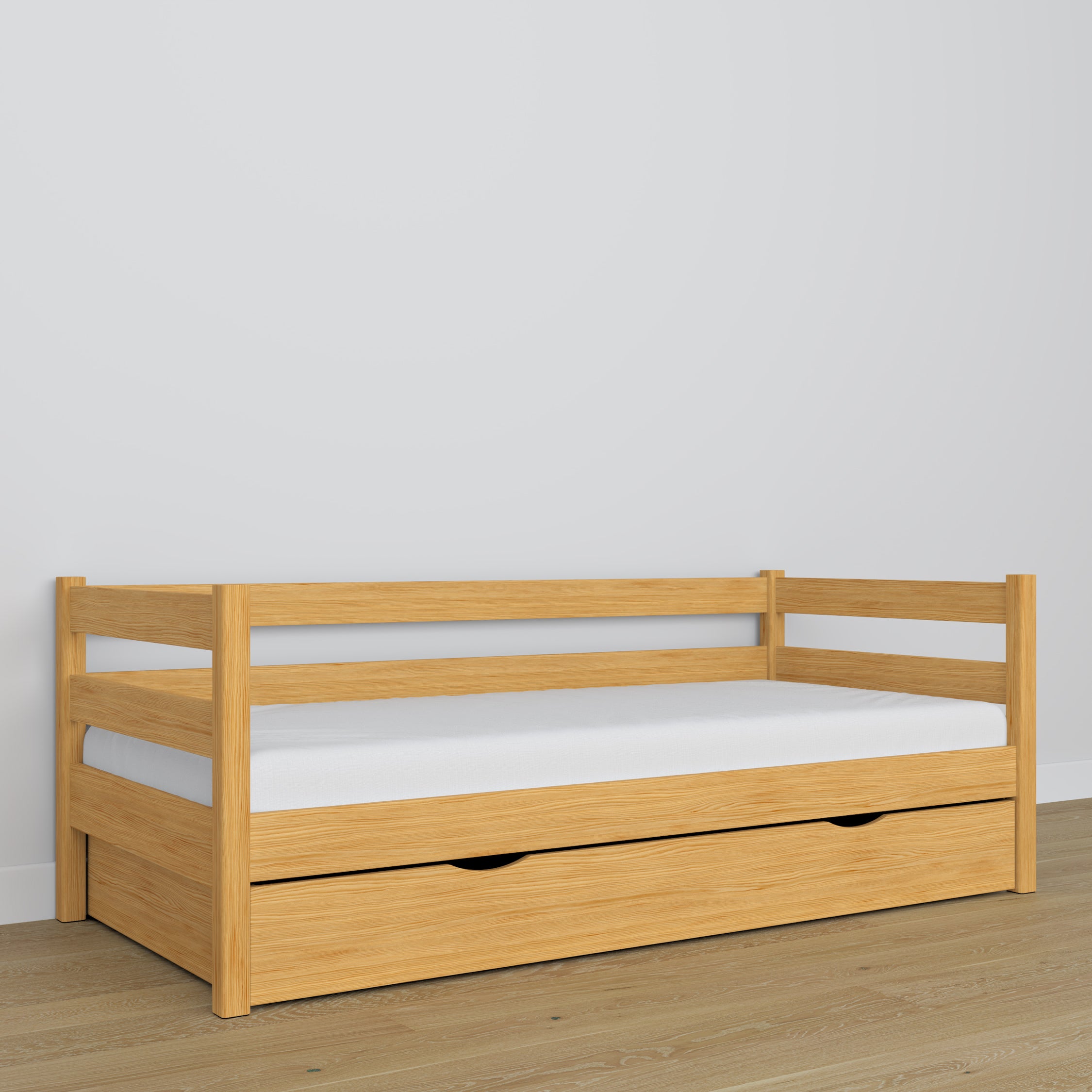 Łóżko sofa z szufladą N01 sosna naturalna – widok z innej perspektywy, polskie meble