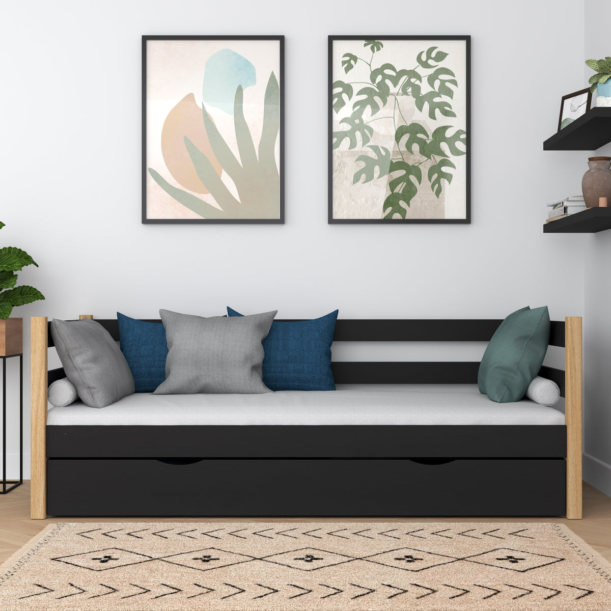 Łóżko sofa drewniane czarno-dębowy – szuflada otwarta, schowek na pościel