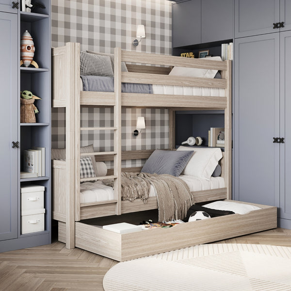 Bleached Oak Bunk Bed with Drawer – Oak Safety Rail and Ladder, Nizio