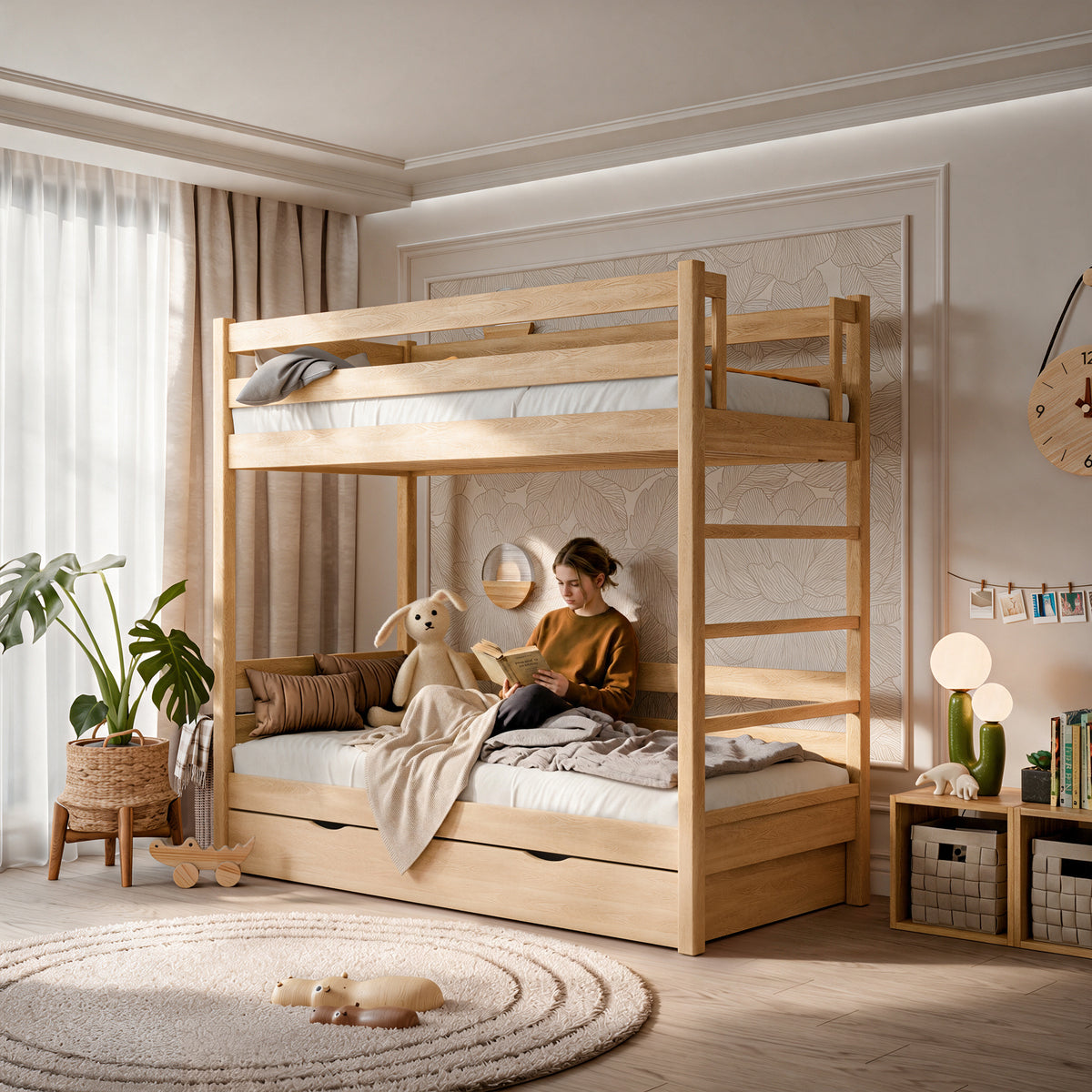 Eiken stapelbed met lade N03 natuurlijk eiken