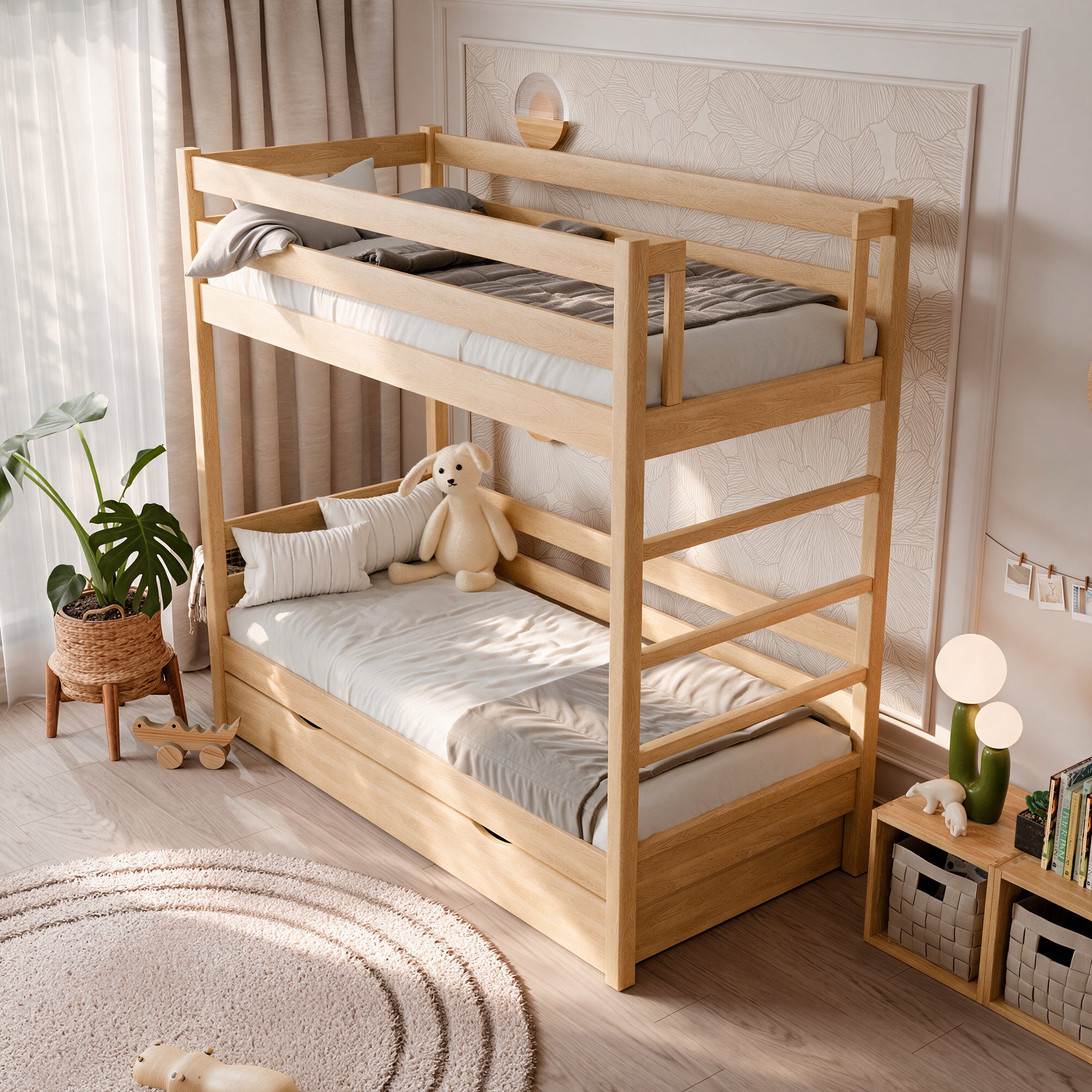 Eiken stapelbed met lade N03 natuurlijk eiken