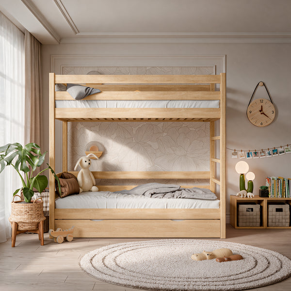 Eikenhouten stapelbed met lade voor matras N03 natuurlijk eiken
