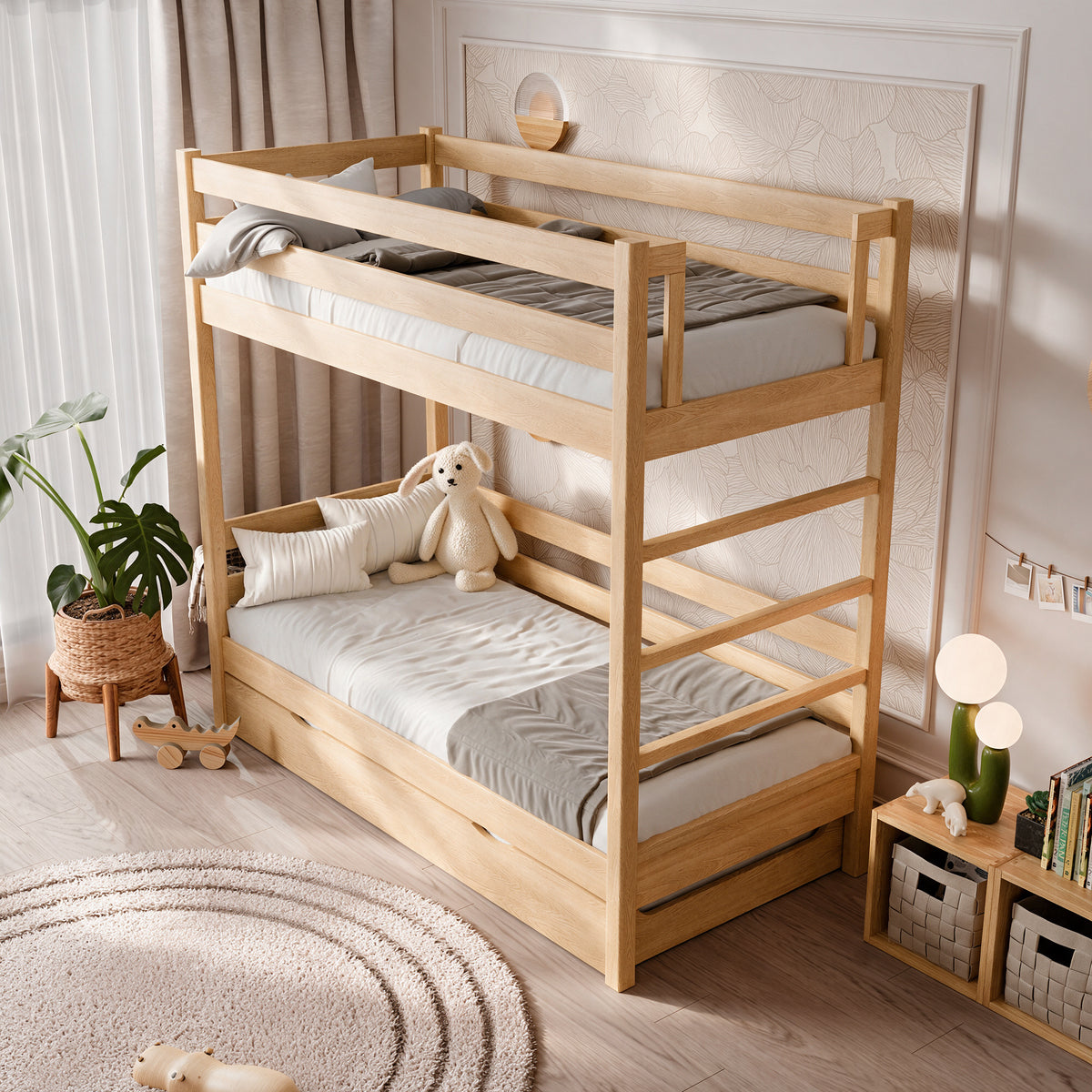 Eikenhouten stapelbed met lade voor matras N03 natuurlijk eiken