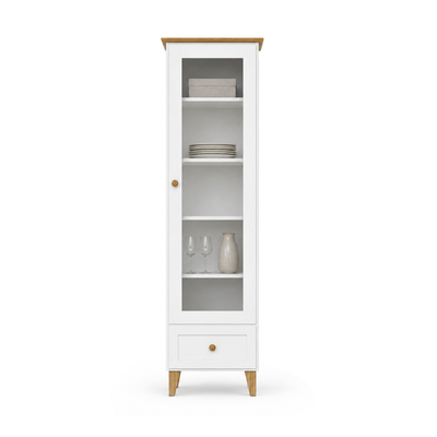 Houten vitrinekast 1S 57 Scandi wit / natureel eiken