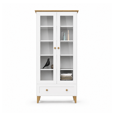 Houten vitrinekast 1S 90 Scandi wit / natureel eiken
