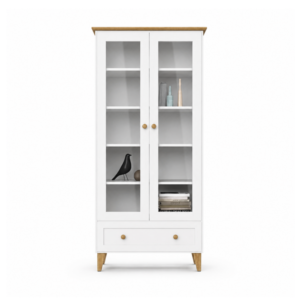 Houten vitrinekast 1S 90 Scandi wit / natureel eiken