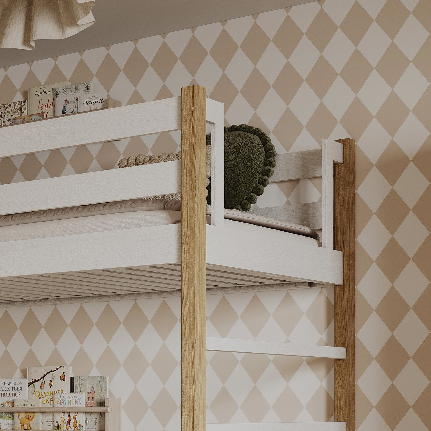 Łóżko piętrowe z szufladą biało-dębowy z drewna – skandynawski design, Nizio